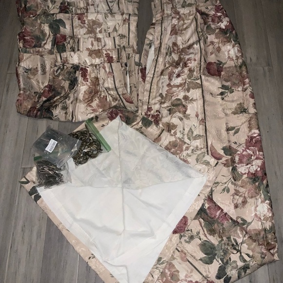 Pair JCPenny Pinch Pleat Lined Burgundy Olive & Tan Floral Curtains 50 X 84 - Picture 2 of 6